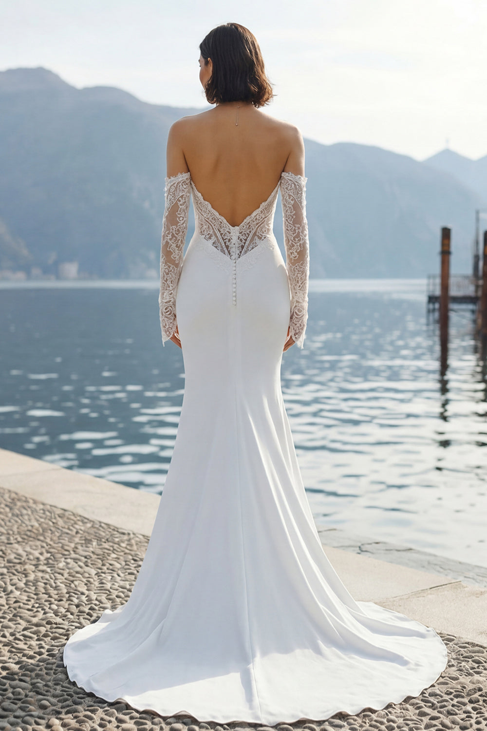 Vestido de Novia Largo con Aplicaciones de Encaje Sirena de Gasa Marfil Escote Corazón