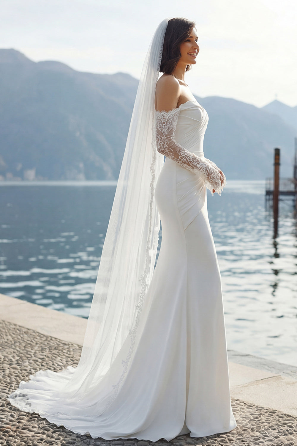 Vestido de Novia Largo con Aplicaciones de Encaje Sirena de Gasa Marfil Escote Corazón