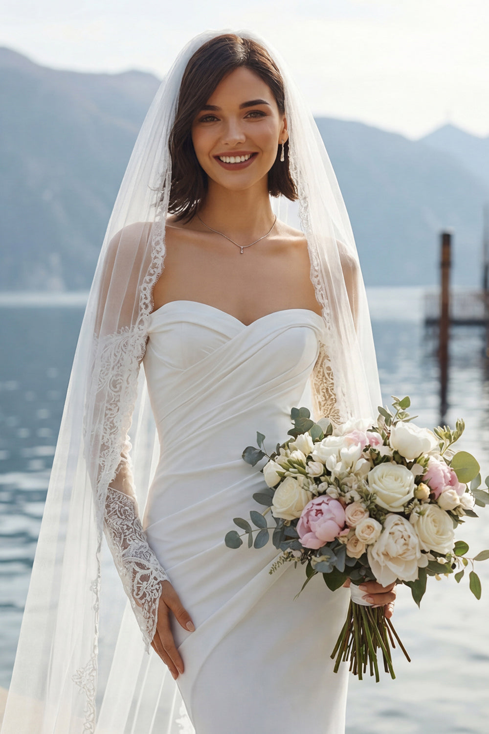 Vestido de Novia Largo con Aplicaciones de Encaje Sirena de Gasa Marfil Escote Corazón
