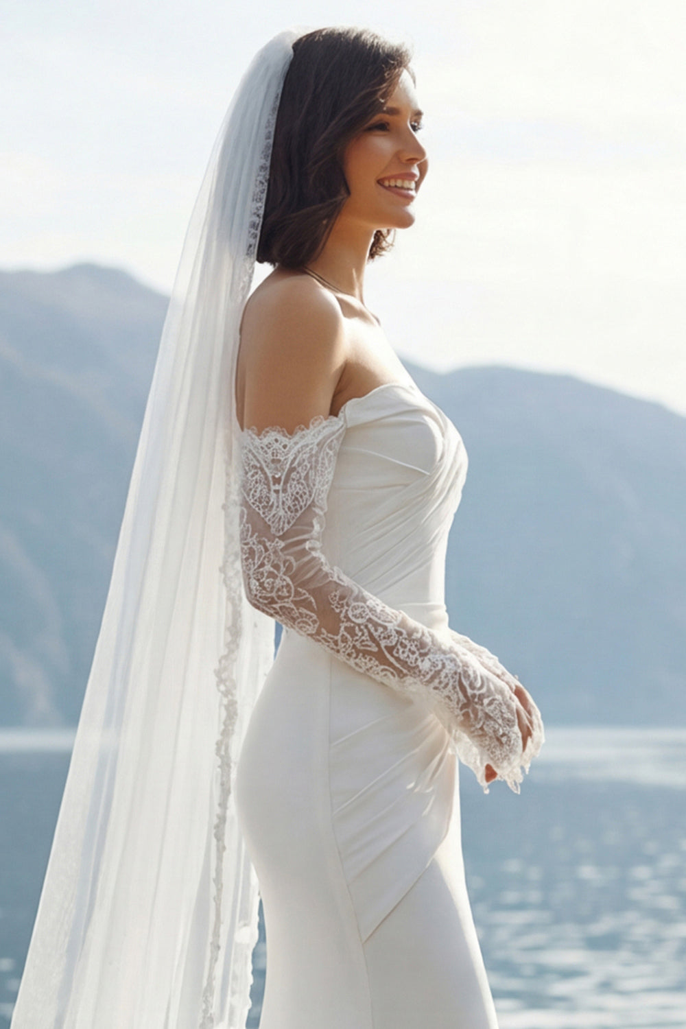Vestido de Novia Largo con Aplicaciones de Encaje Sirena de Gasa Marfil Escote Corazón