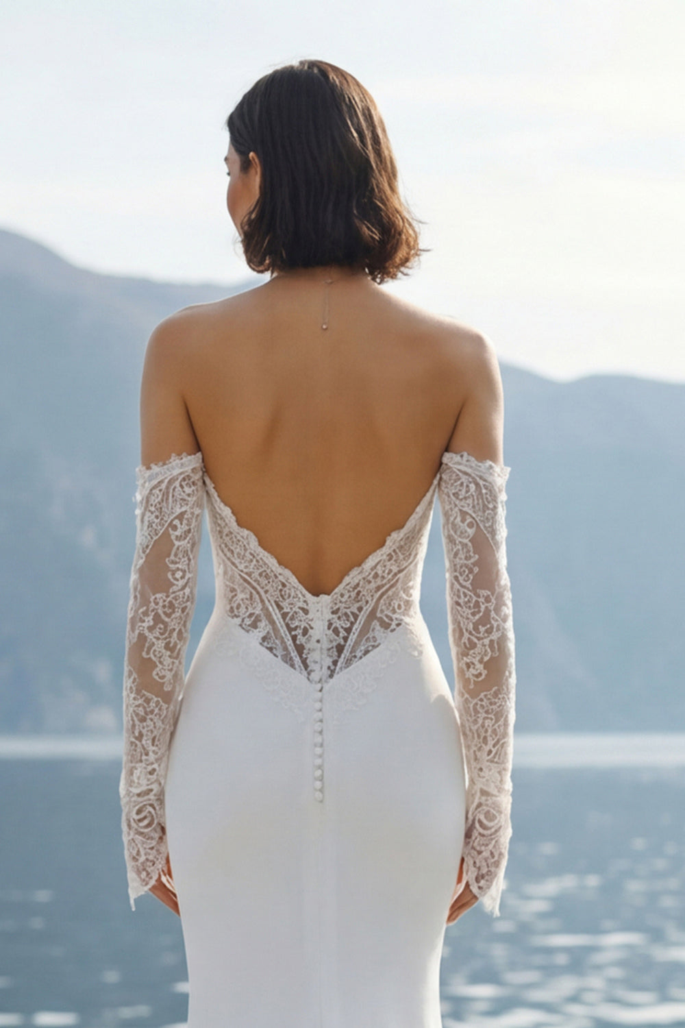 Vestido de Novia Largo con Aplicaciones de Encaje Sirena de Gasa Marfil Escote Corazón