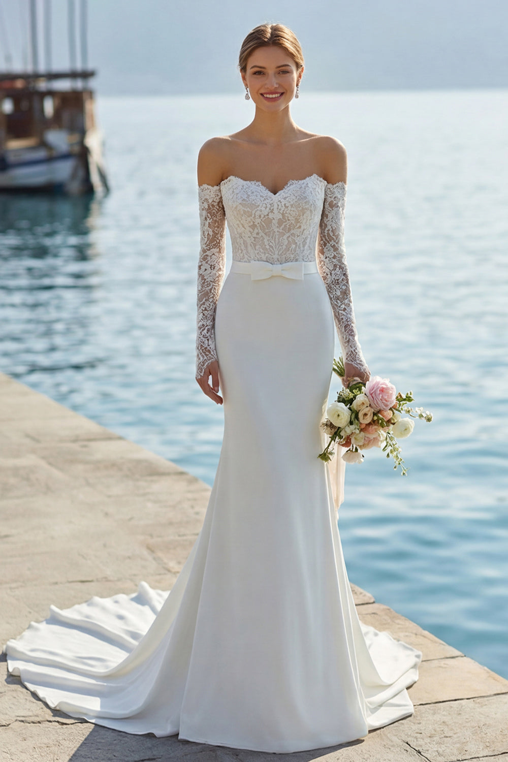Ivory Lace Appliquéd Mermaid Sweetheart Long Wedding Dress with Bow
