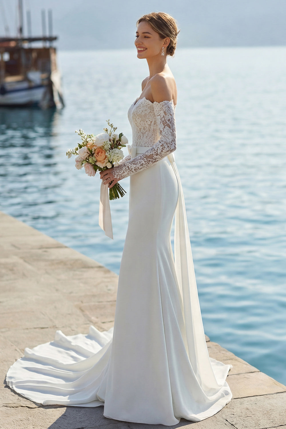 Ivory Lace Appliquéd Mermaid Sweetheart Long Wedding Dress with Bow