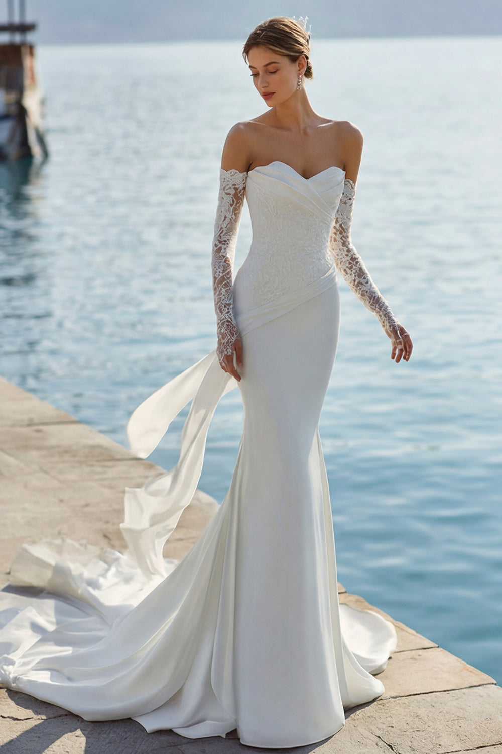 Robe de mariée longue sirène ivoire en dentelle à appliques, avec décolleté en cœur