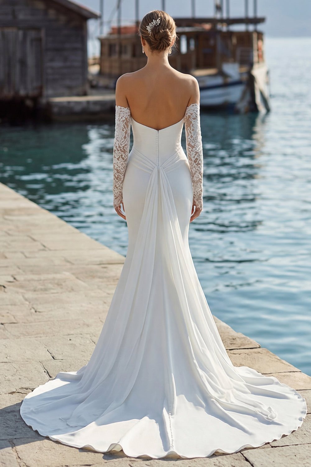Robe de mariée longue sirène ivoire en dentelle à appliques, avec décolleté en cœur