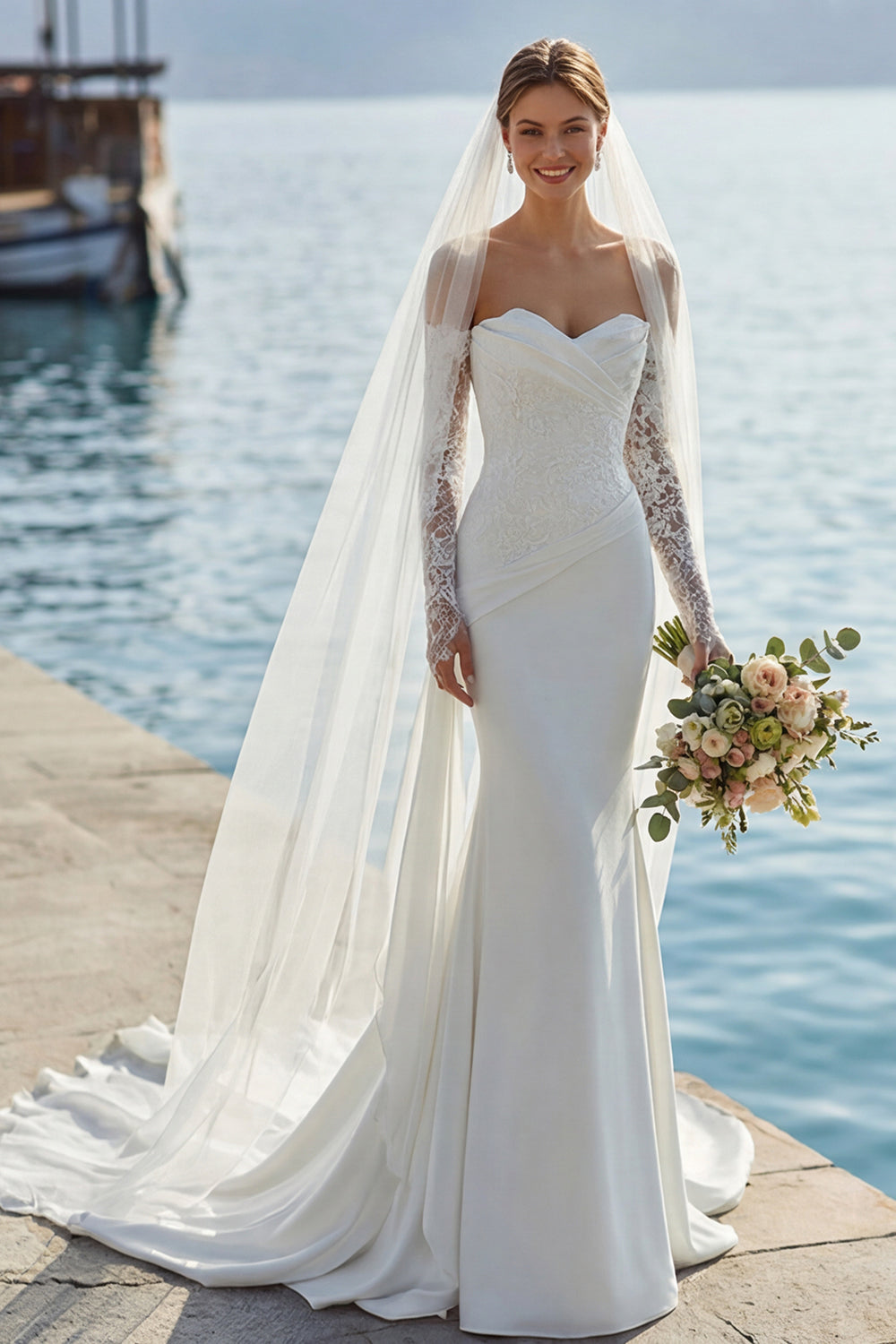 Robe de mariée longue sirène ivoire en dentelle à appliques, avec décolleté en cœur
