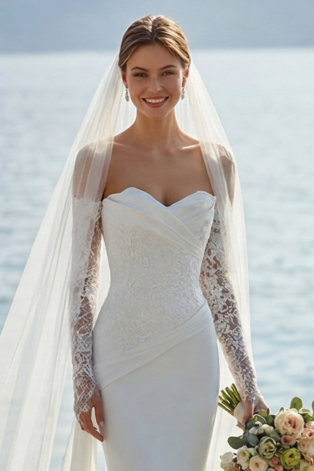 Robe de mariée longue sirène ivoire en dentelle à appliques, avec décolleté en cœur