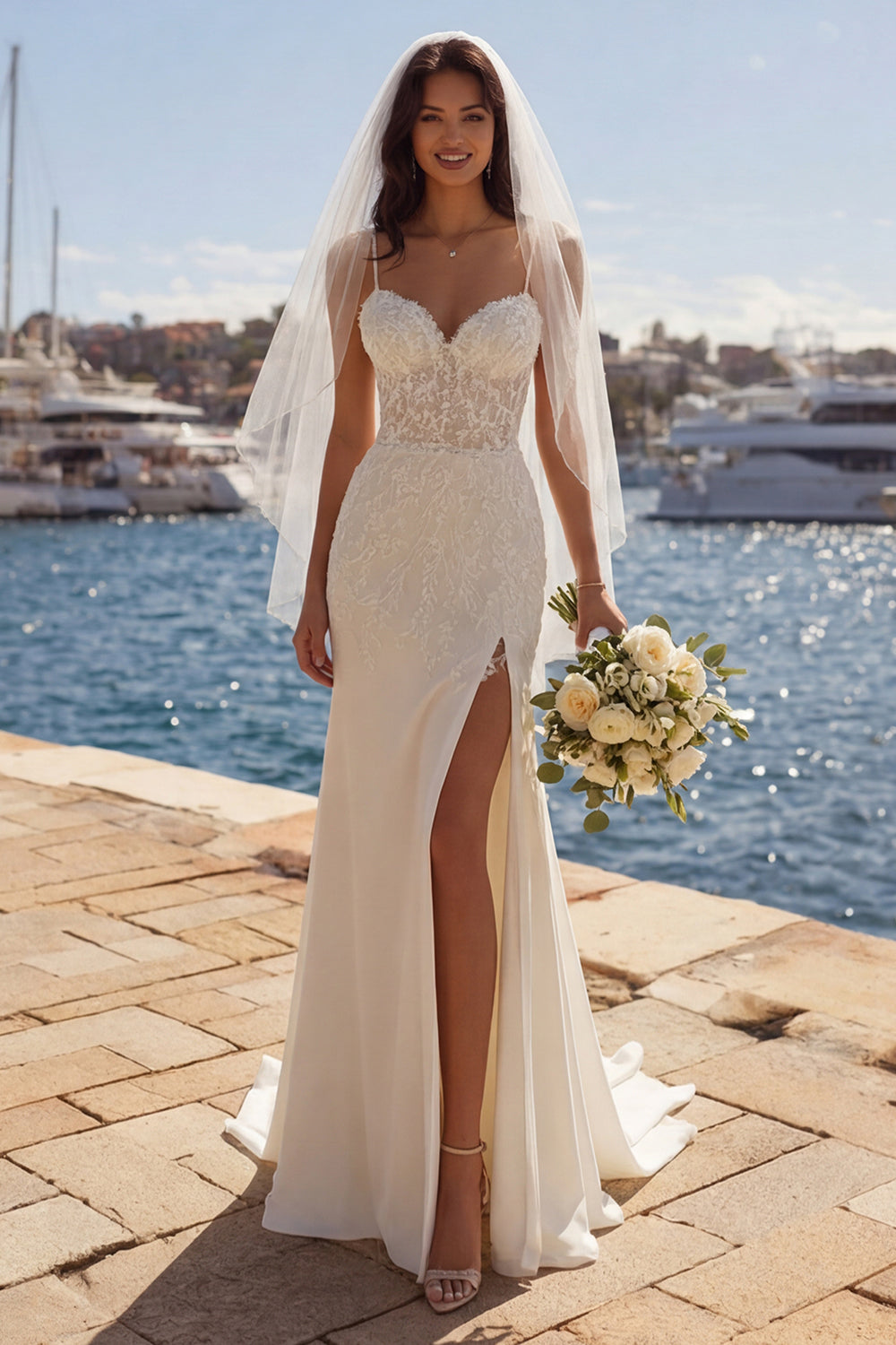 Vestido de novia color marfil corte sirena con apliques y cola capilla