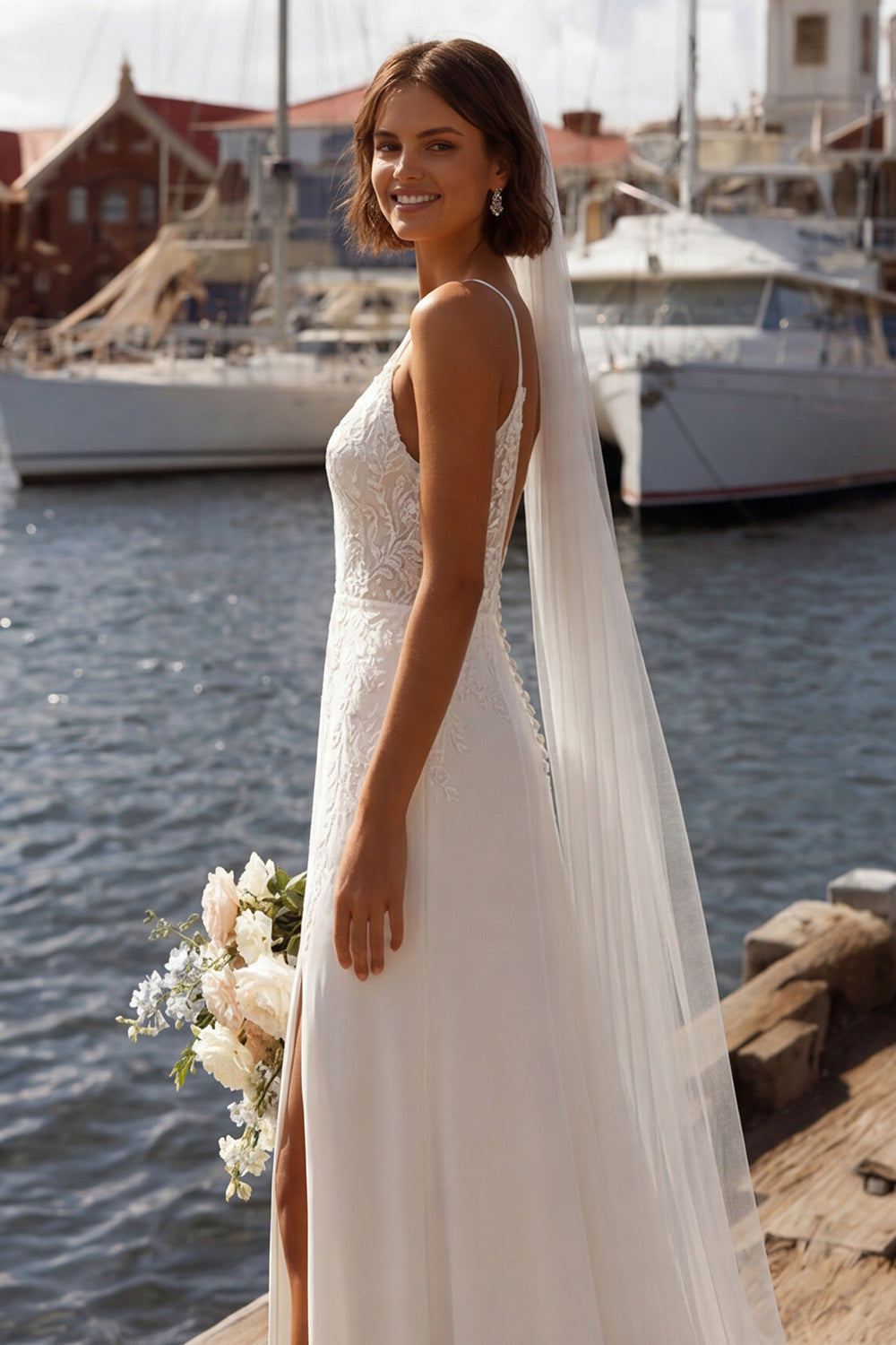 Mermaid Ivory Corset Appliqued Spaghetti Straps Wedding Dress with Slit