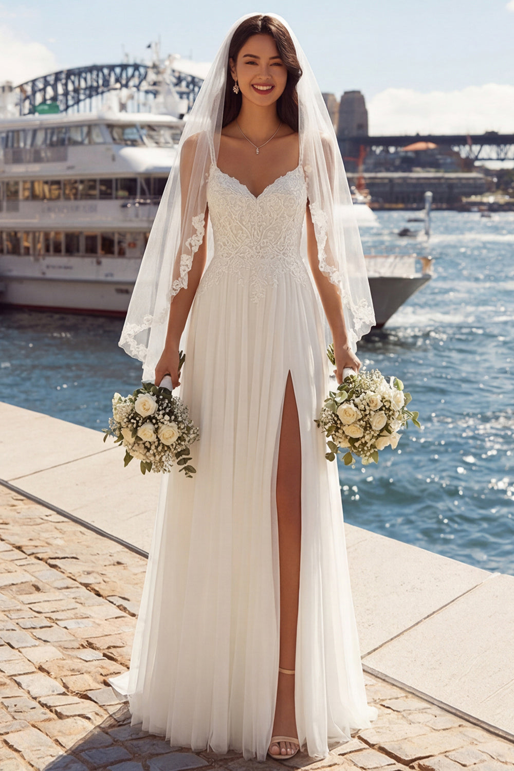 Robe de mariée longue en tulle plissé avec fente, ligne A, ivoire, appliquée