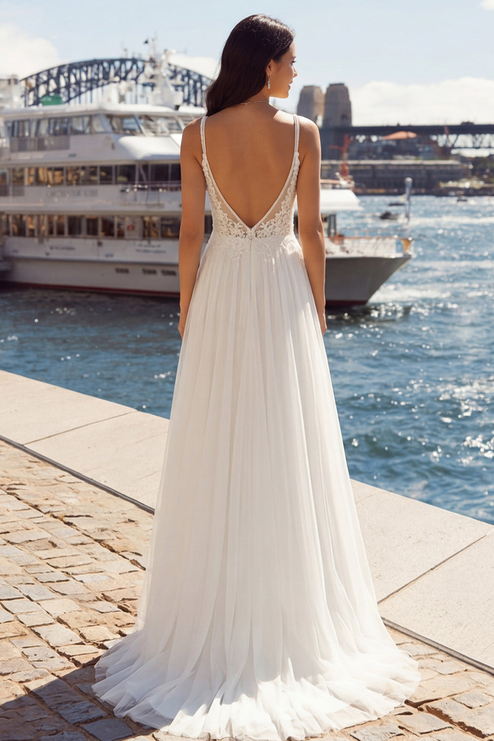 Robe de mariée longue en tulle plissé avec fente, ligne A, ivoire, appliquée
