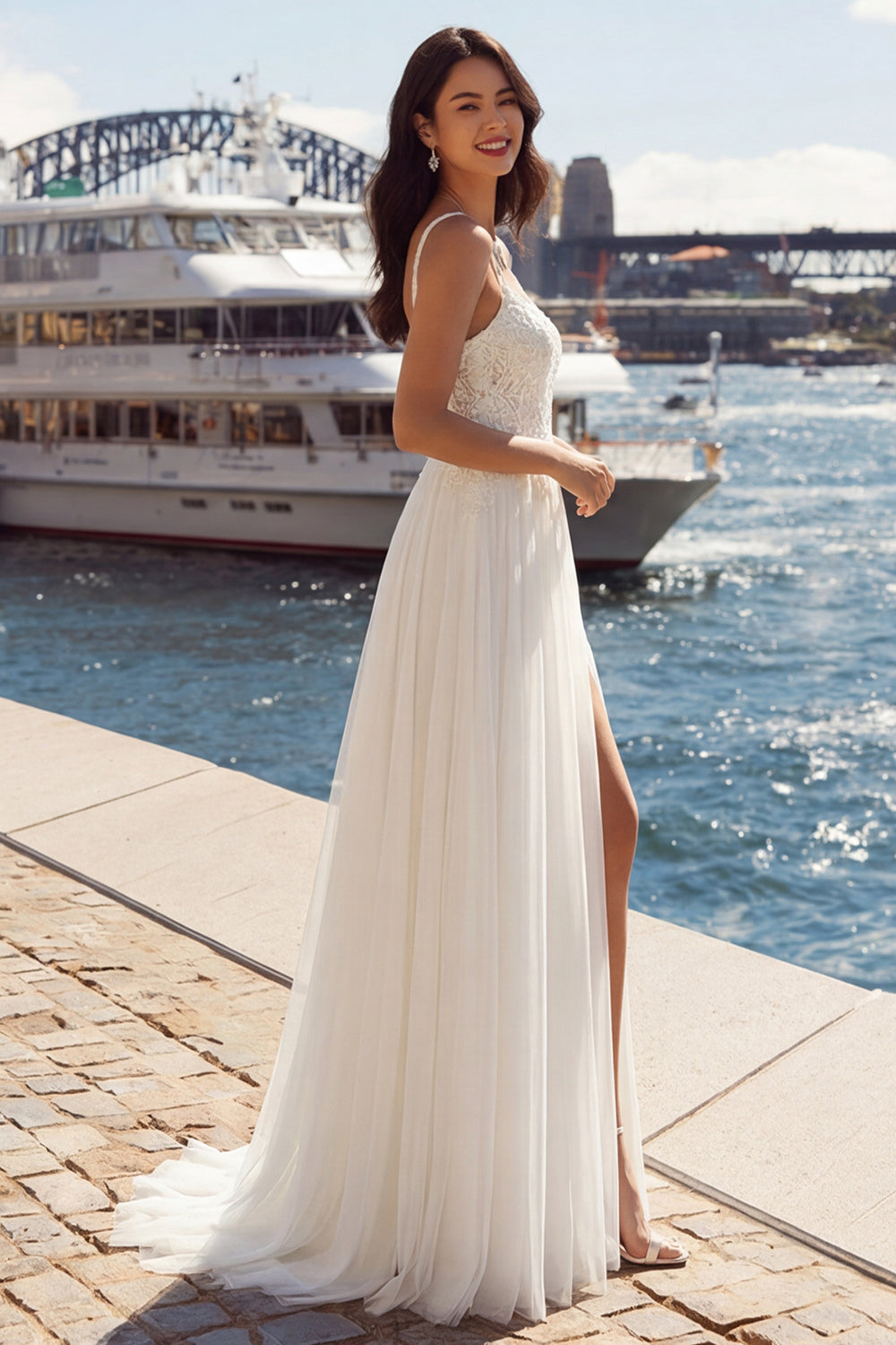 Robe de mariée longue en tulle plissé avec fente, ligne A, ivoire, appliquée