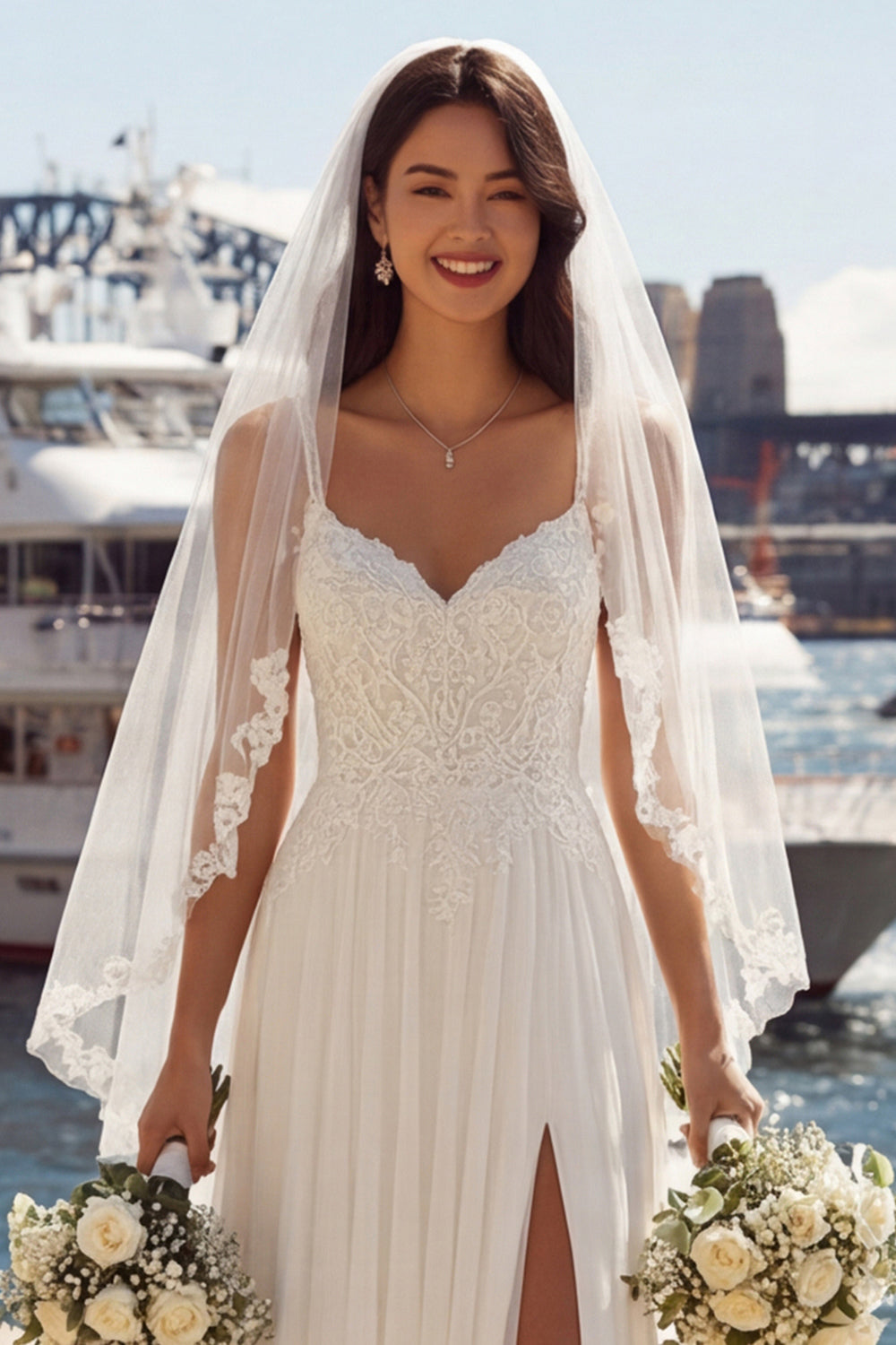 Robe de mariée longue en tulle plissé avec fente, ligne A, ivoire, appliquée