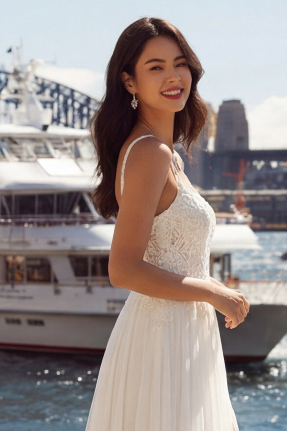 Robe de mariée longue en tulle plissé avec fente, ligne A, ivoire, appliquée