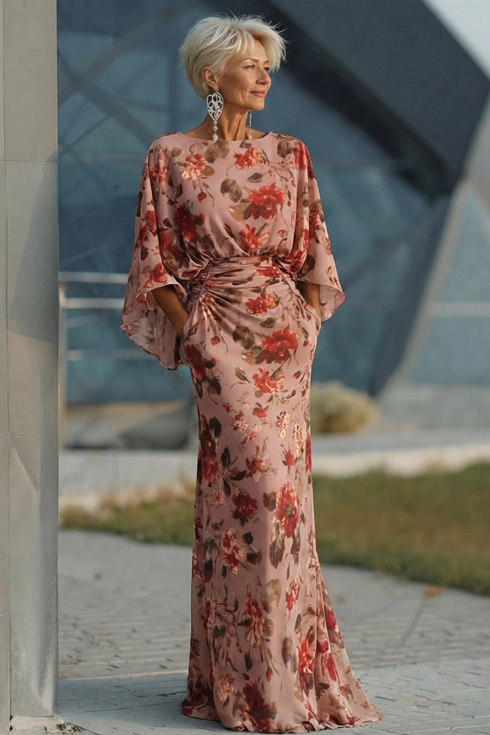 Robe Trapèze Fleurie Rose Poudré Froncée à Manches Longues pour Demoiselle d'honneur