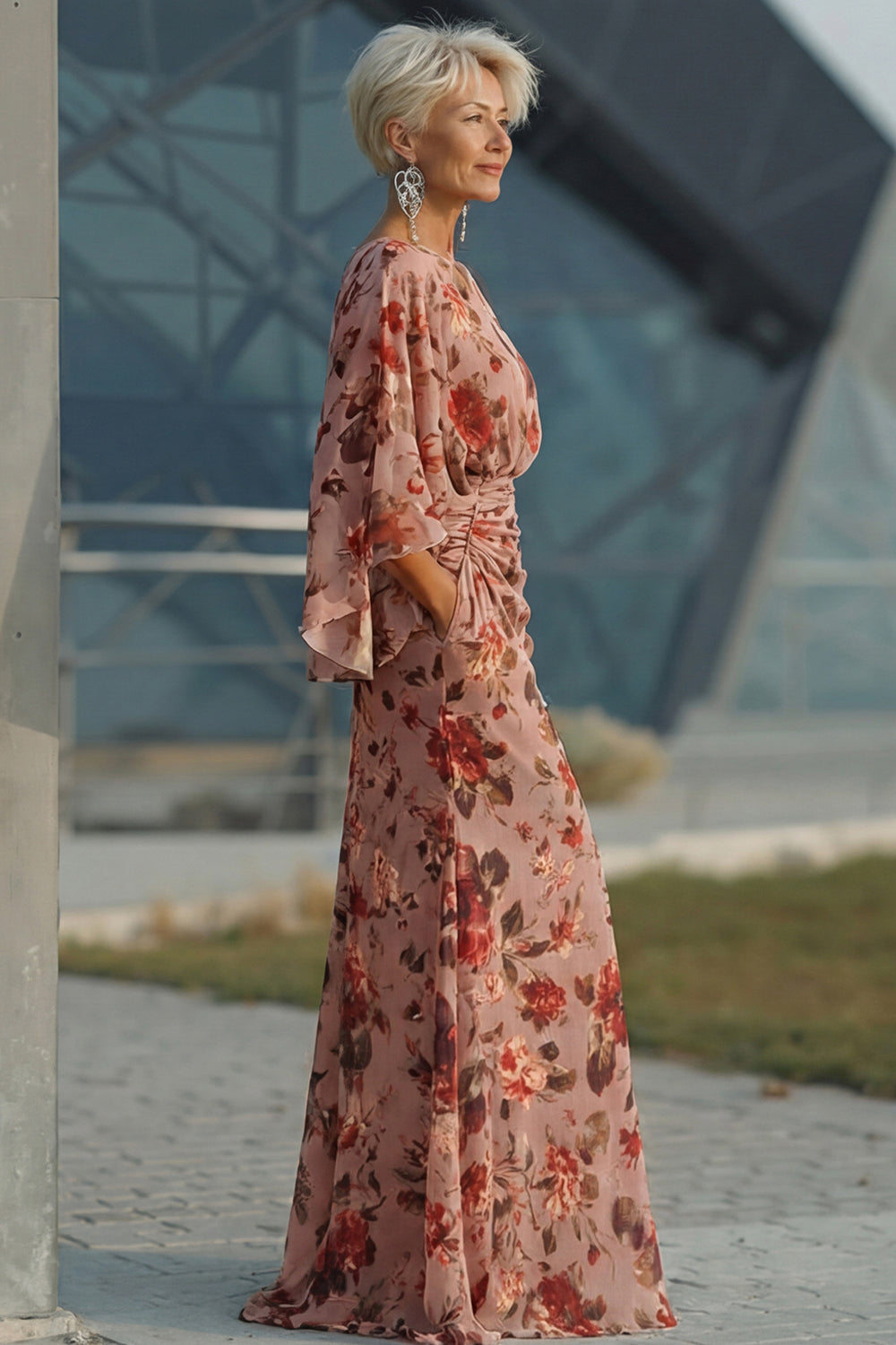 Robe Trapèze Fleurie Rose Poudré Froncée à Manches Longues pour Demoiselle d'honneur