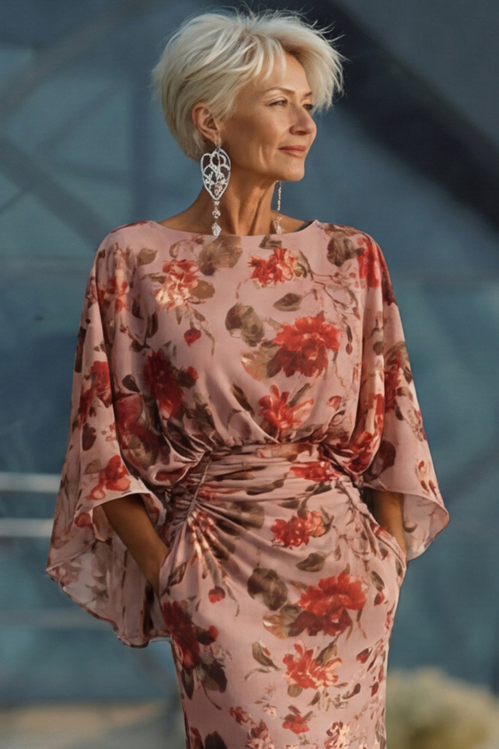 Robe Trapèze Fleurie Rose Poudré Froncée à Manches Longues pour Demoiselle d'honneur