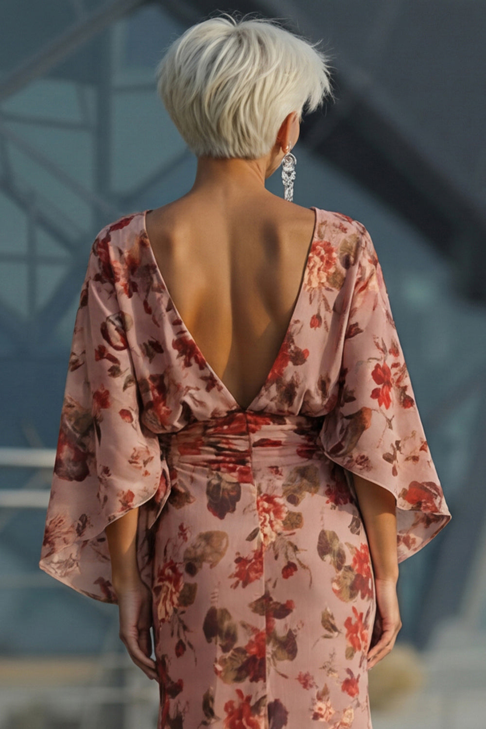 Robe Trapèze Fleurie Rose Poudré Froncée à Manches Longues pour Demoiselle d'honneur