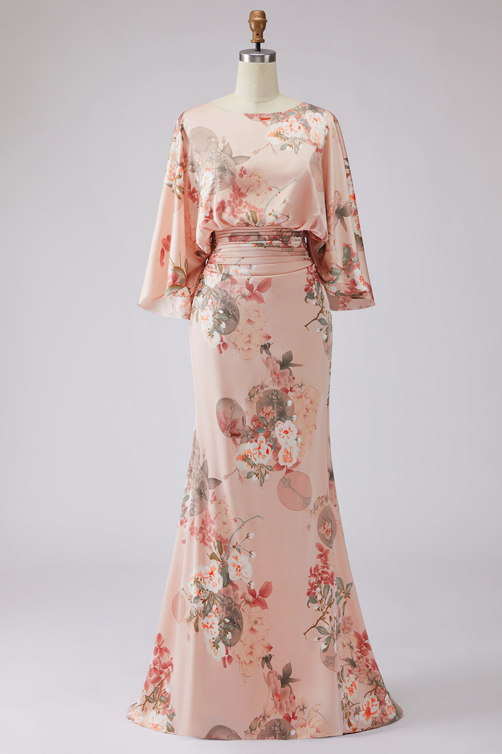 Robe fourreau en satin rose poudré imprimé floral, avec manches évasées, pour mère de la mariée
