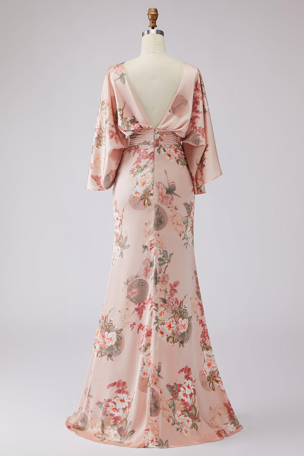 Robe fourreau en satin rose poudré imprimé floral, avec manches évasées, pour mère de la mariée