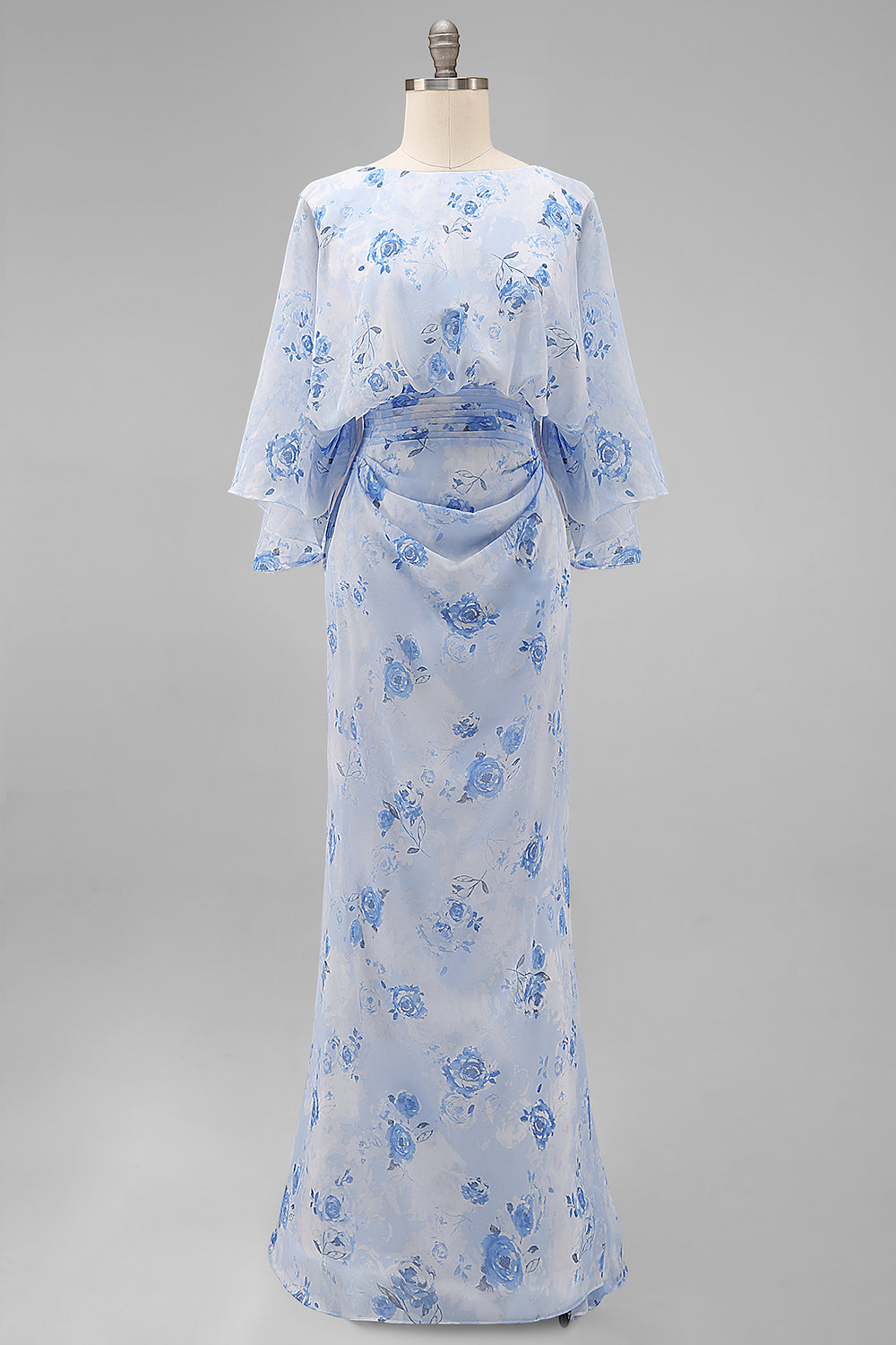 Blue Flower Bateau Neck Sheath Long Mother Of the Bride Dress with Half Sleeves