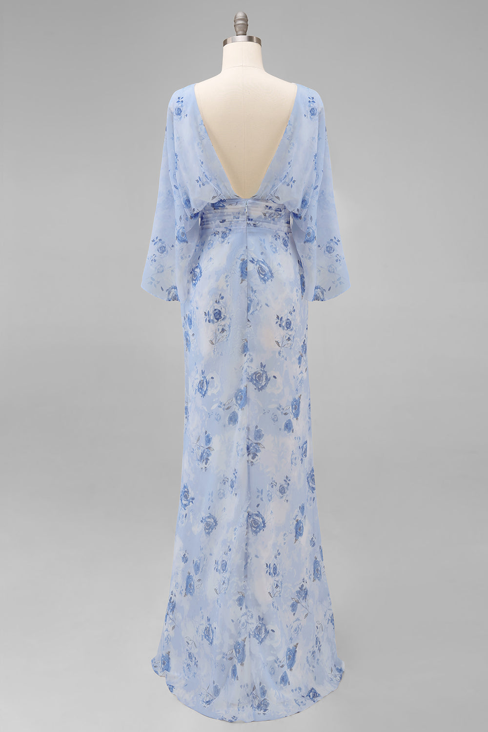 Blue Flower Bateau Neck Sheath Long Mother Of the Bride Dress with Half Sleeves