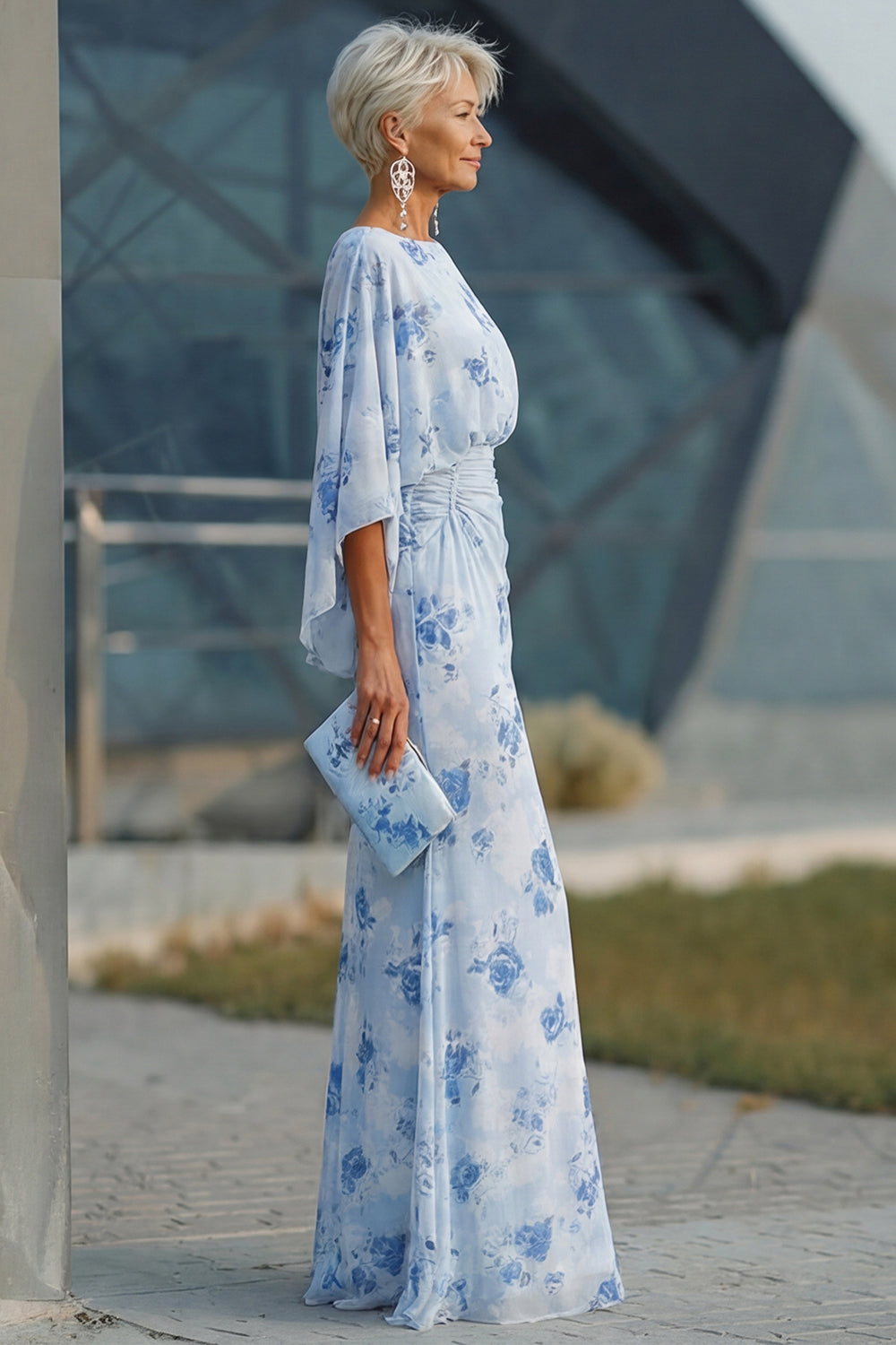 Blue Flower Bateau Neck Sheath Long Mother Of the Bride Dress with Half Sleeves
