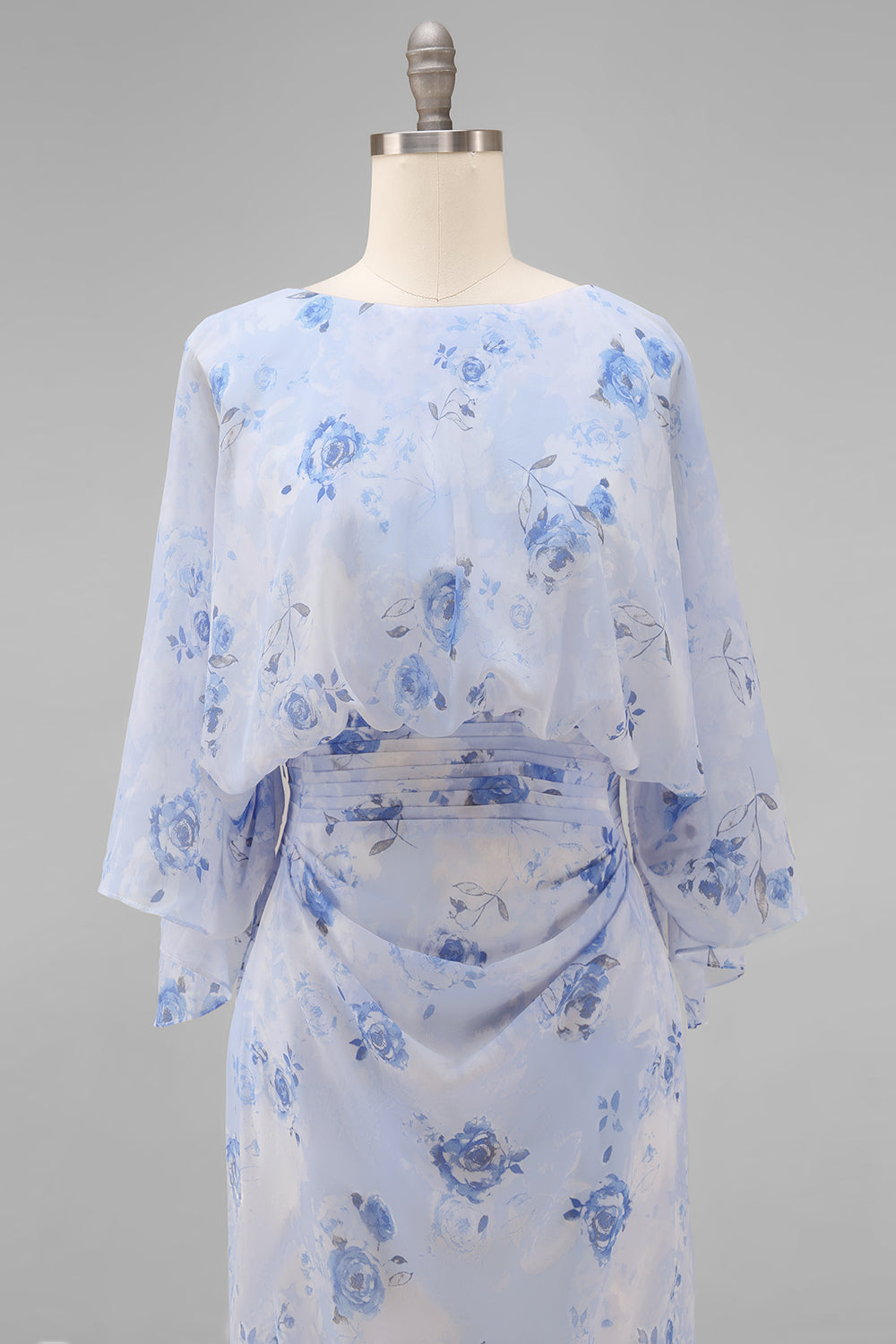 Blue Flower Bateau Neck Sheath Long Mother Of the Bride Dress with Half Sleeves