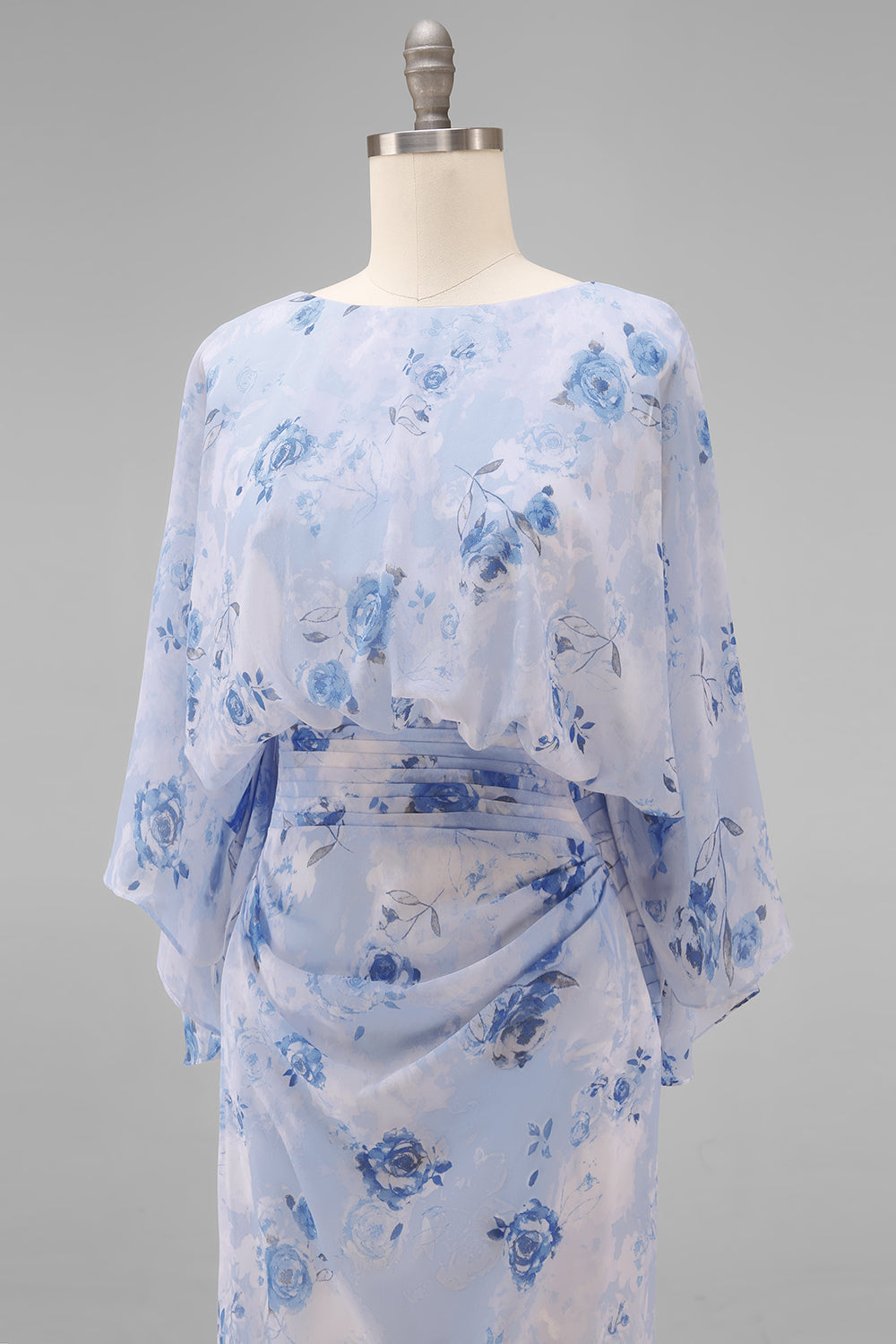 Blue Flower Bateau Neck Sheath Long Mother Of the Bride Dress with Half Sleeves