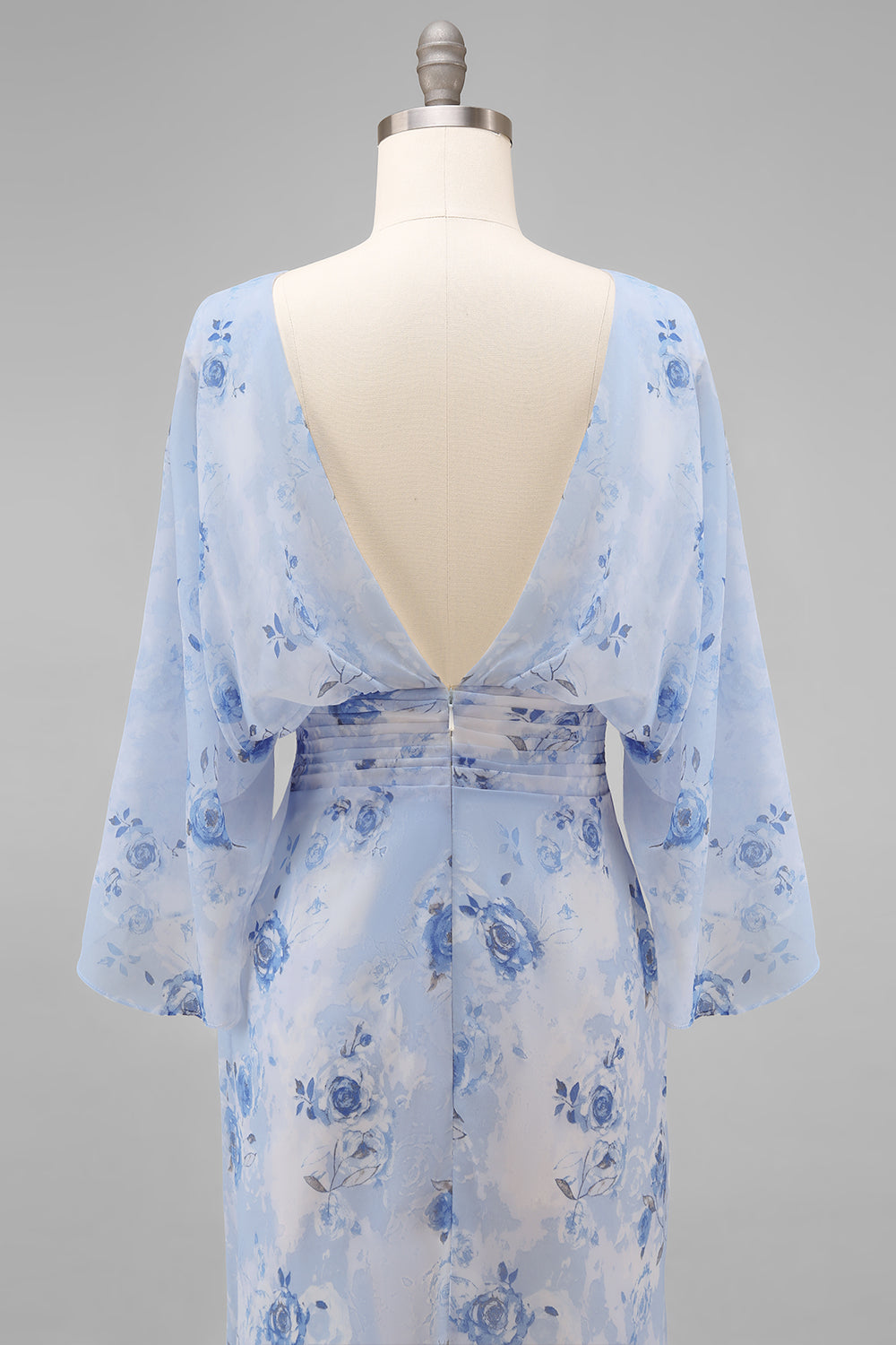 Blue Flower Bateau Neck Sheath Long Mother Of the Bride Dress with Half Sleeves