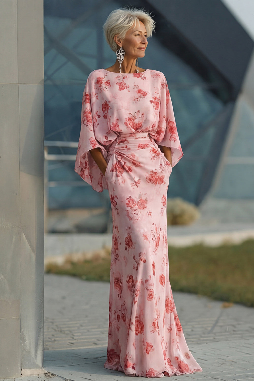 Blue Flower Bateau Neck Sheath Long Mother Of the Bride Dress with Half Sleeves