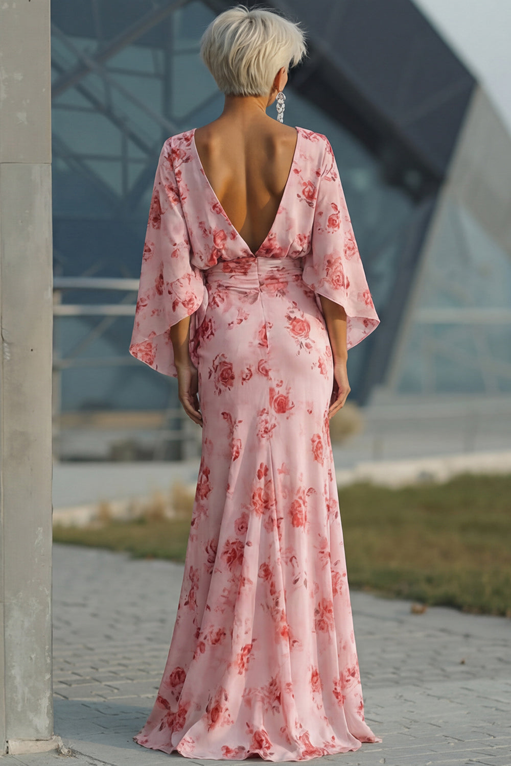 Blue Flower Bateau Neck Sheath Long Mother Of the Bride Dress with Half Sleeves