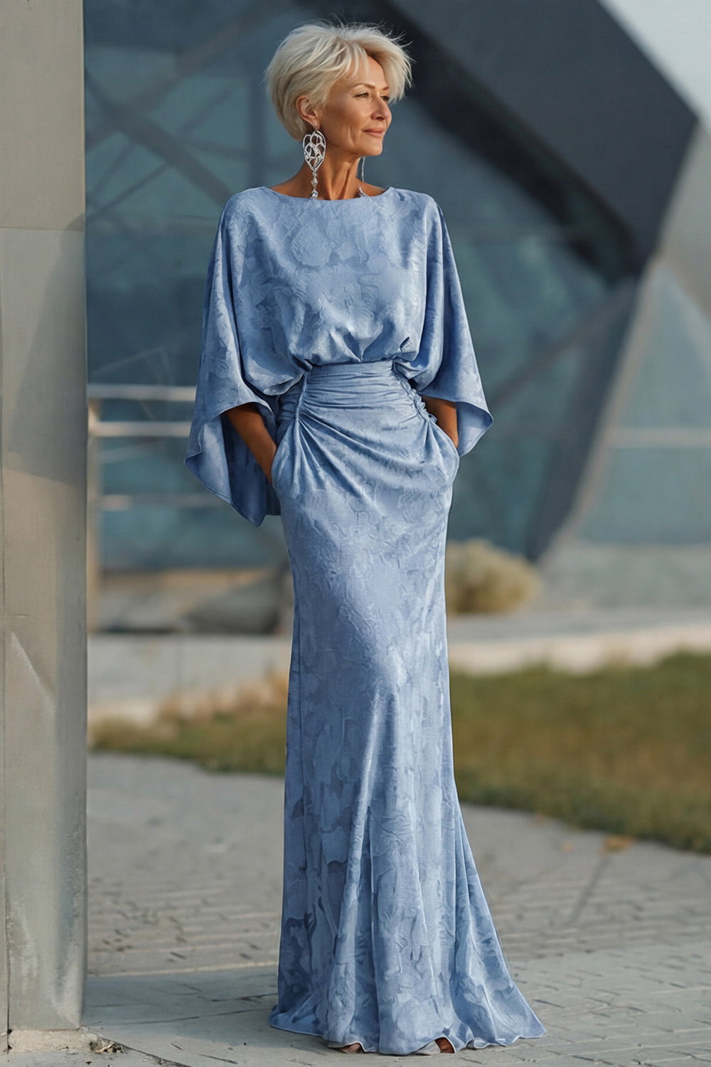 Dusty Blue Floral Sheath Ruched Mother of the Bride Dress with Flared Sleeves