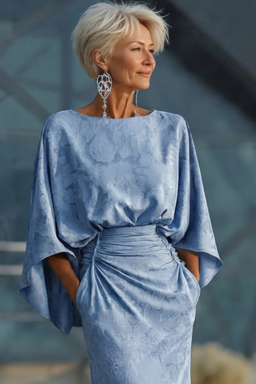 Dusty Blue Floral Sheath Ruched Mother of the Bride Dress with Flared Sleeves
