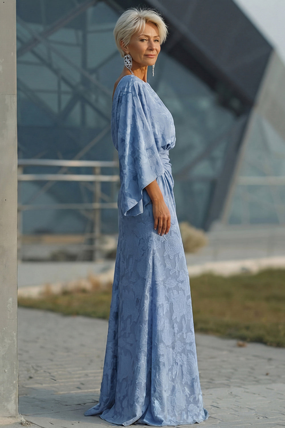 Dusty Blue Floral Sheath Ruched Mother of the Bride Dress with Flared Sleeves