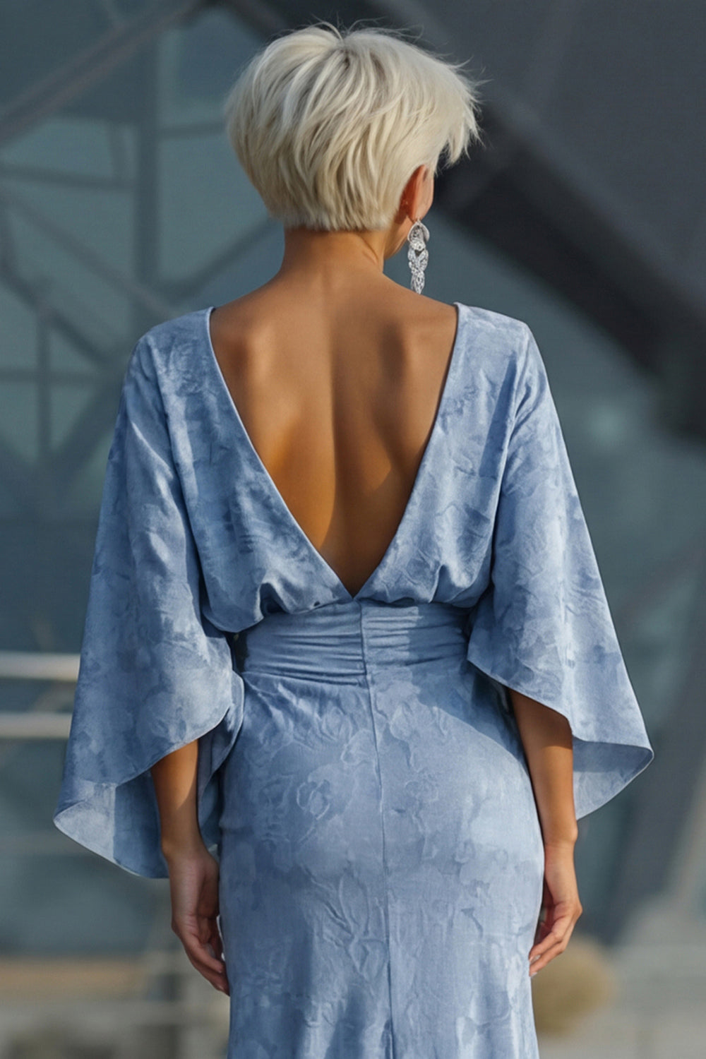 Dusty Blue Floral Sheath Ruched Mother of the Bride Dress with Flared Sleeves