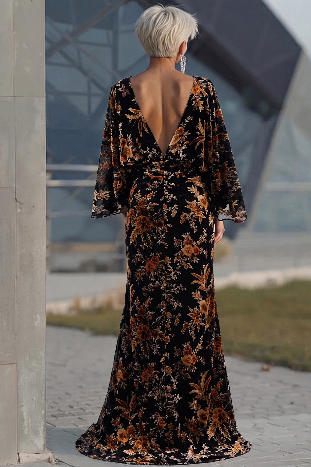 Brown Printed Sheath Ruched Mother of the Bride Dress with Flared Sleeves