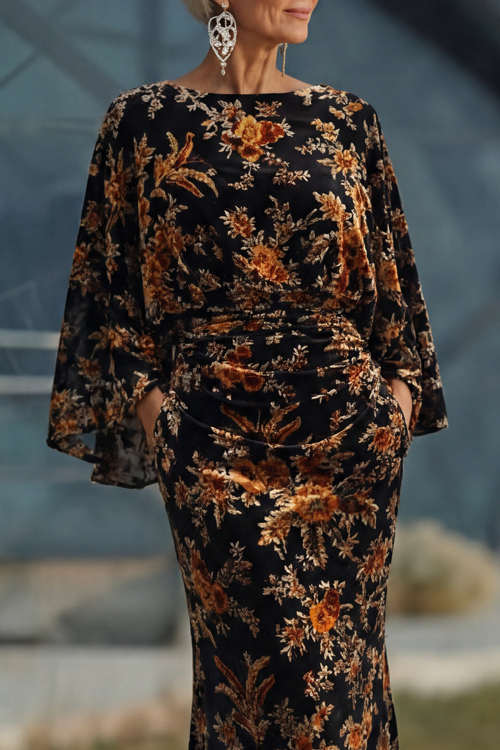 Brown Printed Sheath Ruched Mother of the Bride Dress with Flared Sleeves