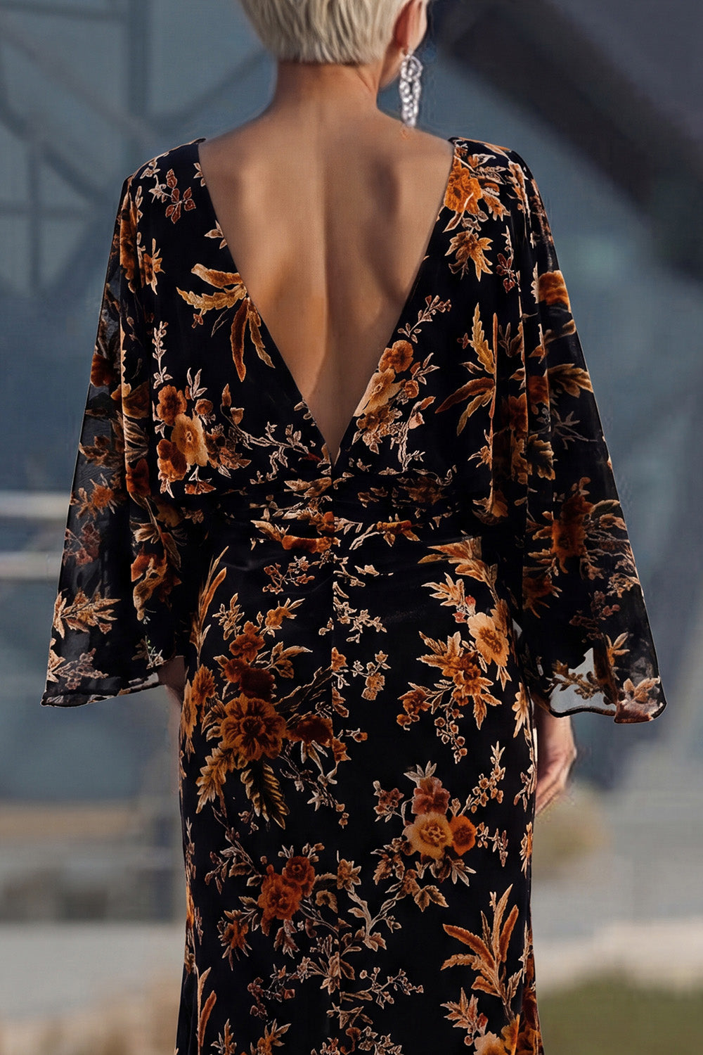 Brown Printed Sheath Ruched Mother of the Bride Dress with Flared Sleeves