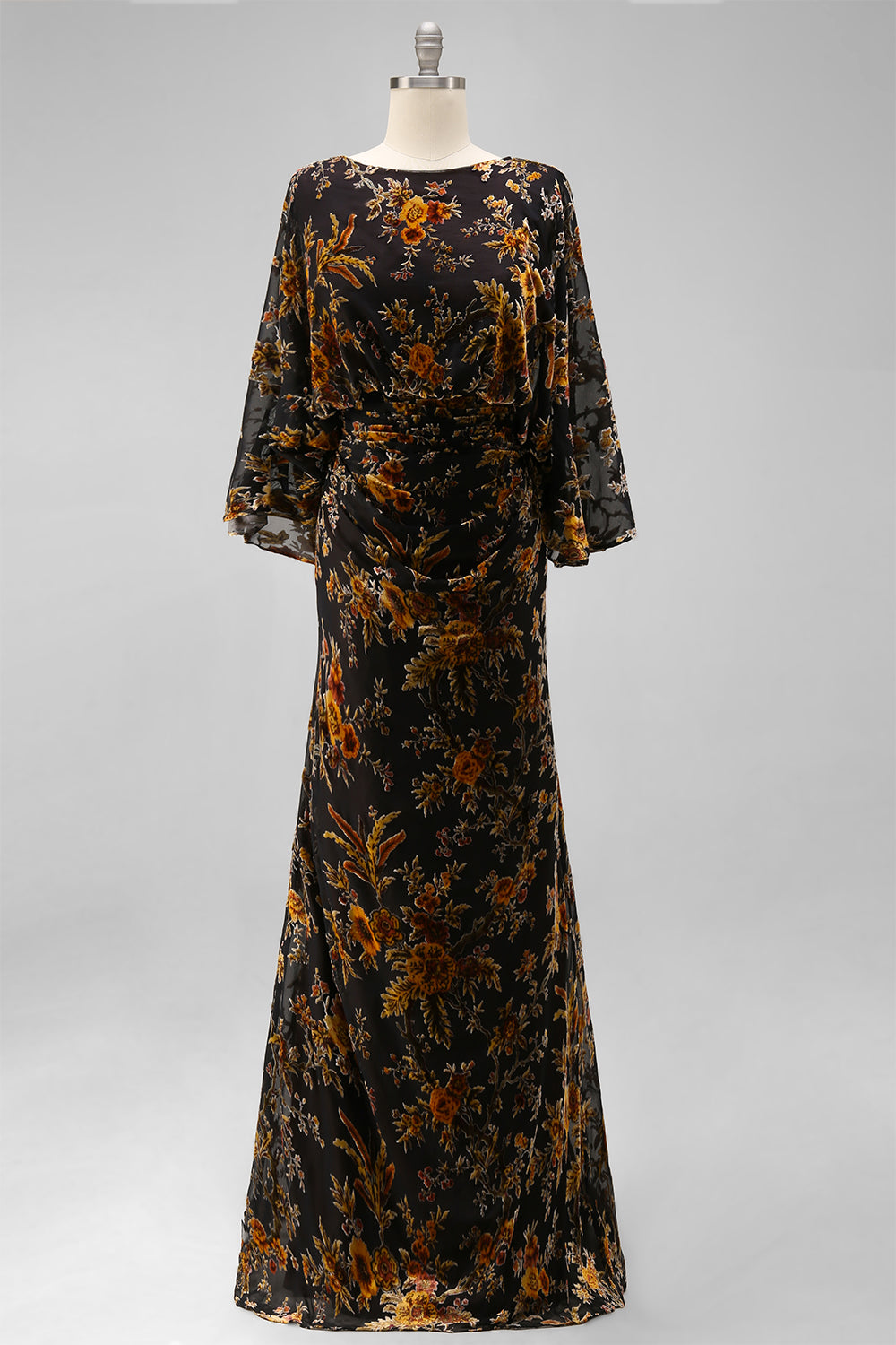 Brown Printed Sheath Ruched Mother of the Bride Dress with Flared Sleeves
