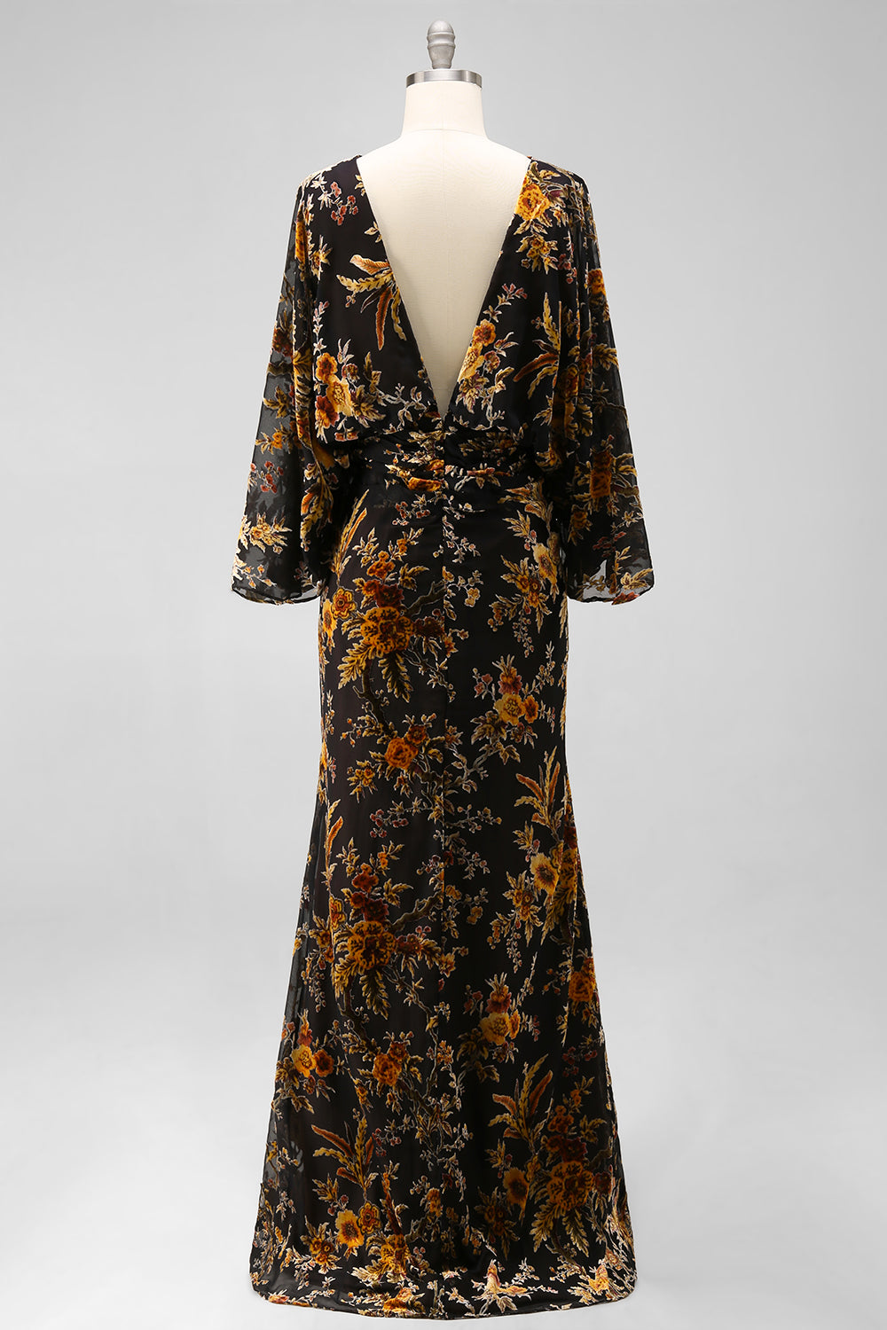 Brown Printed Sheath Ruched Mother of the Bride Dress with Flared Sleeves