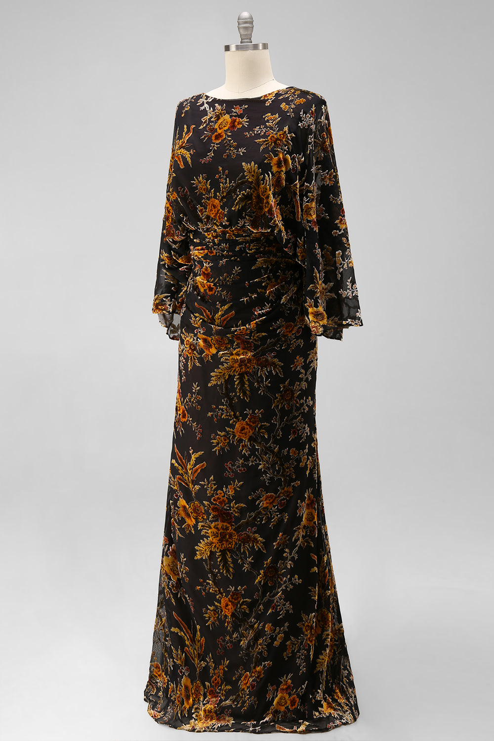 Brown Printed Sheath Ruched Mother of the Bride Dress with Flared Sleeves