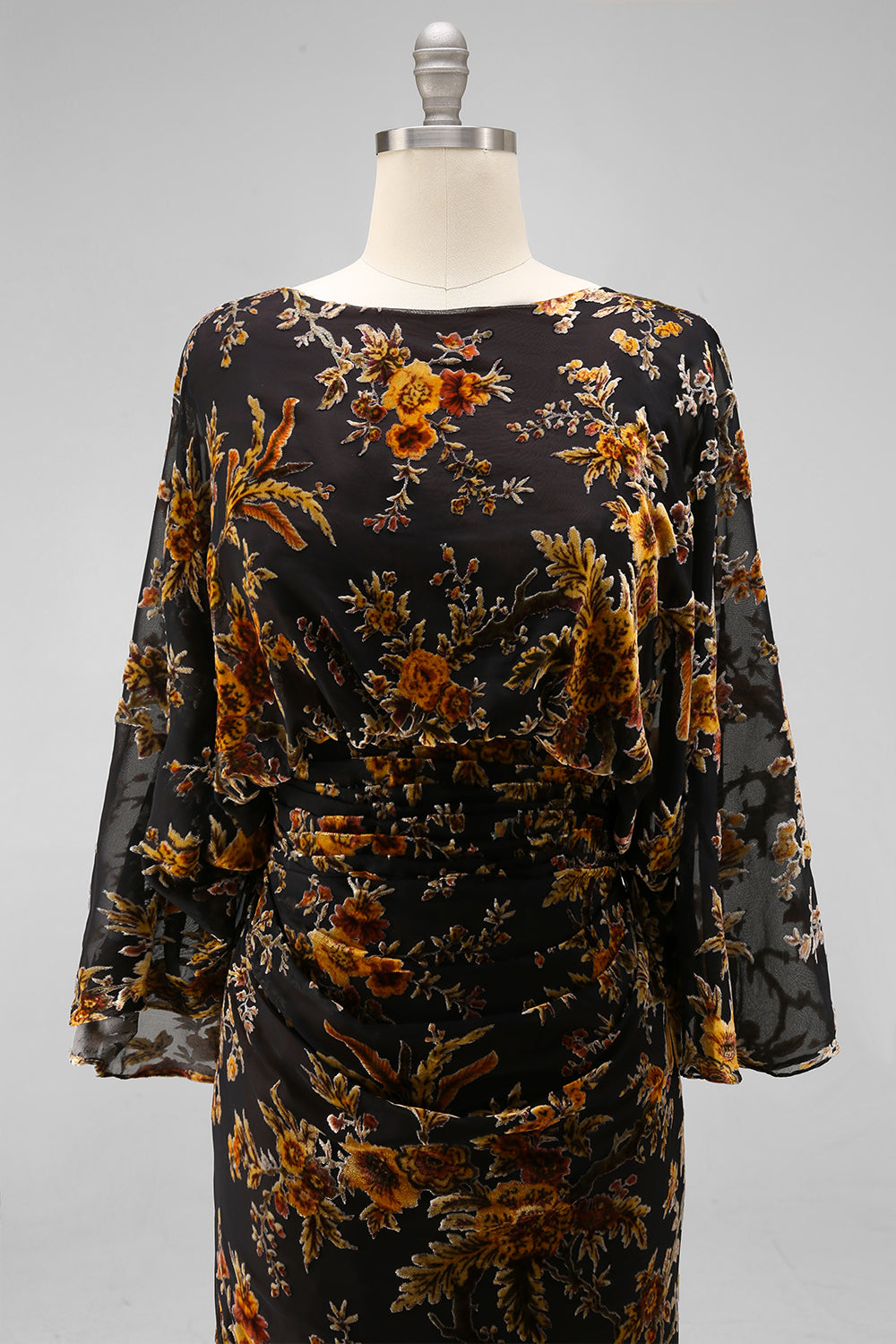 Brown Printed Sheath Ruched Mother of the Bride Dress with Flared Sleeves