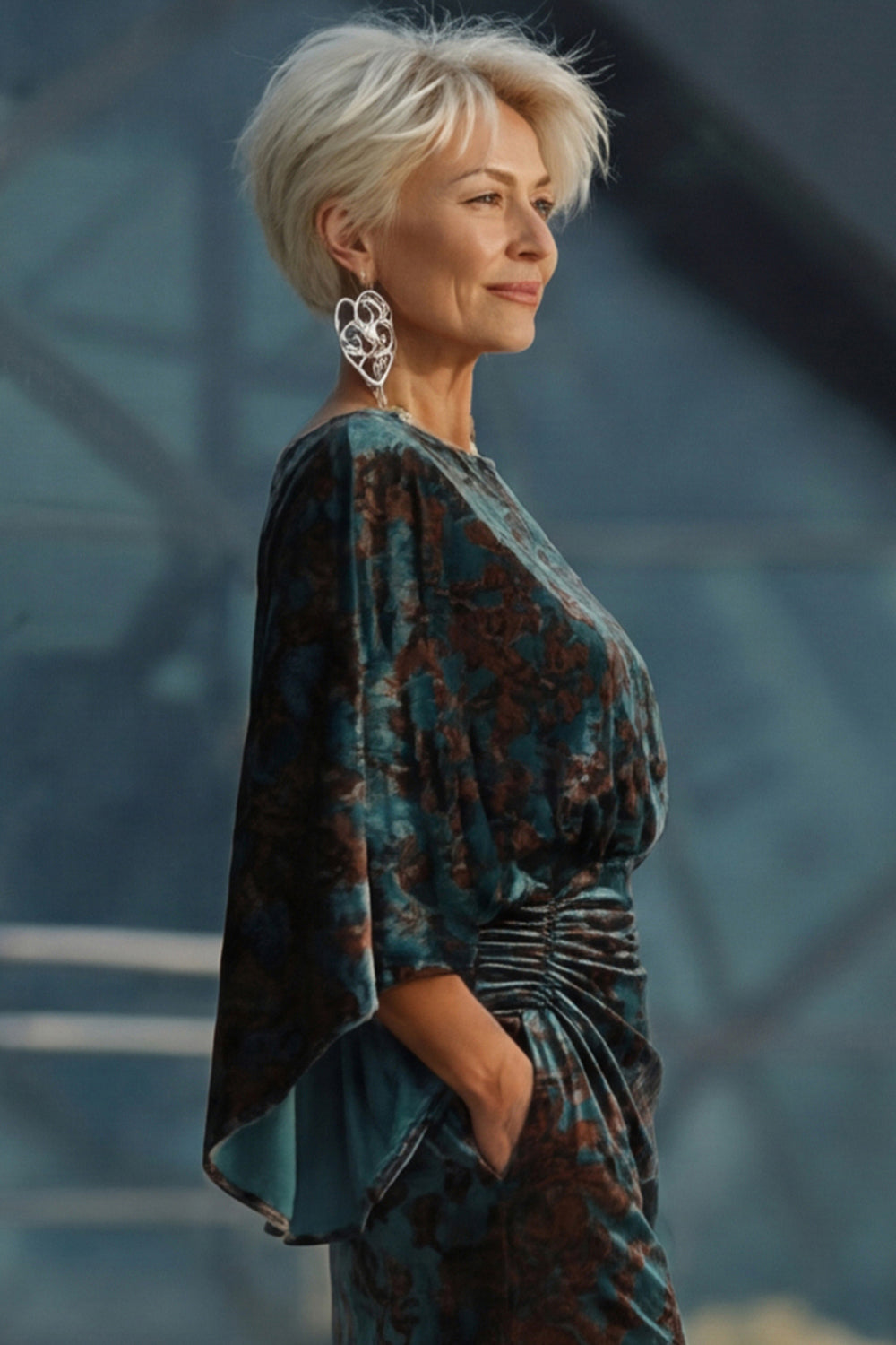 Robe Mère de la mariée moulante vert foncé imprimée et froncée, à manches évasées