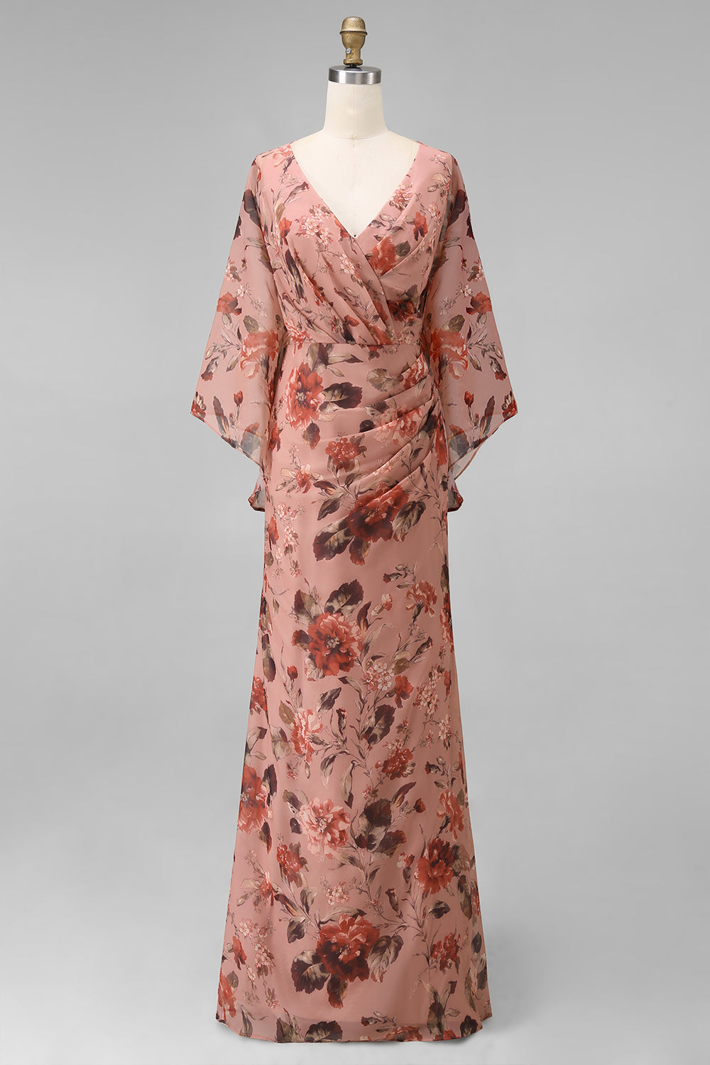 Robe fourreau longue col V fleuri rose poudré avec manches évasées pour mère de la mariée