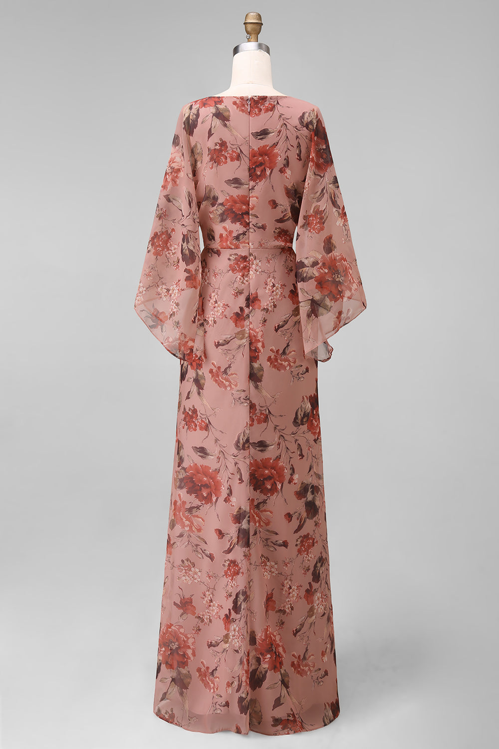 Robe fourreau longue col V fleuri rose poudré avec manches évasées pour mère de la mariée