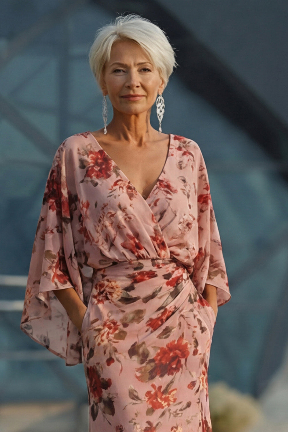 Robe fourreau longue col V fleuri rose poudré avec manches évasées pour mère de la mariée