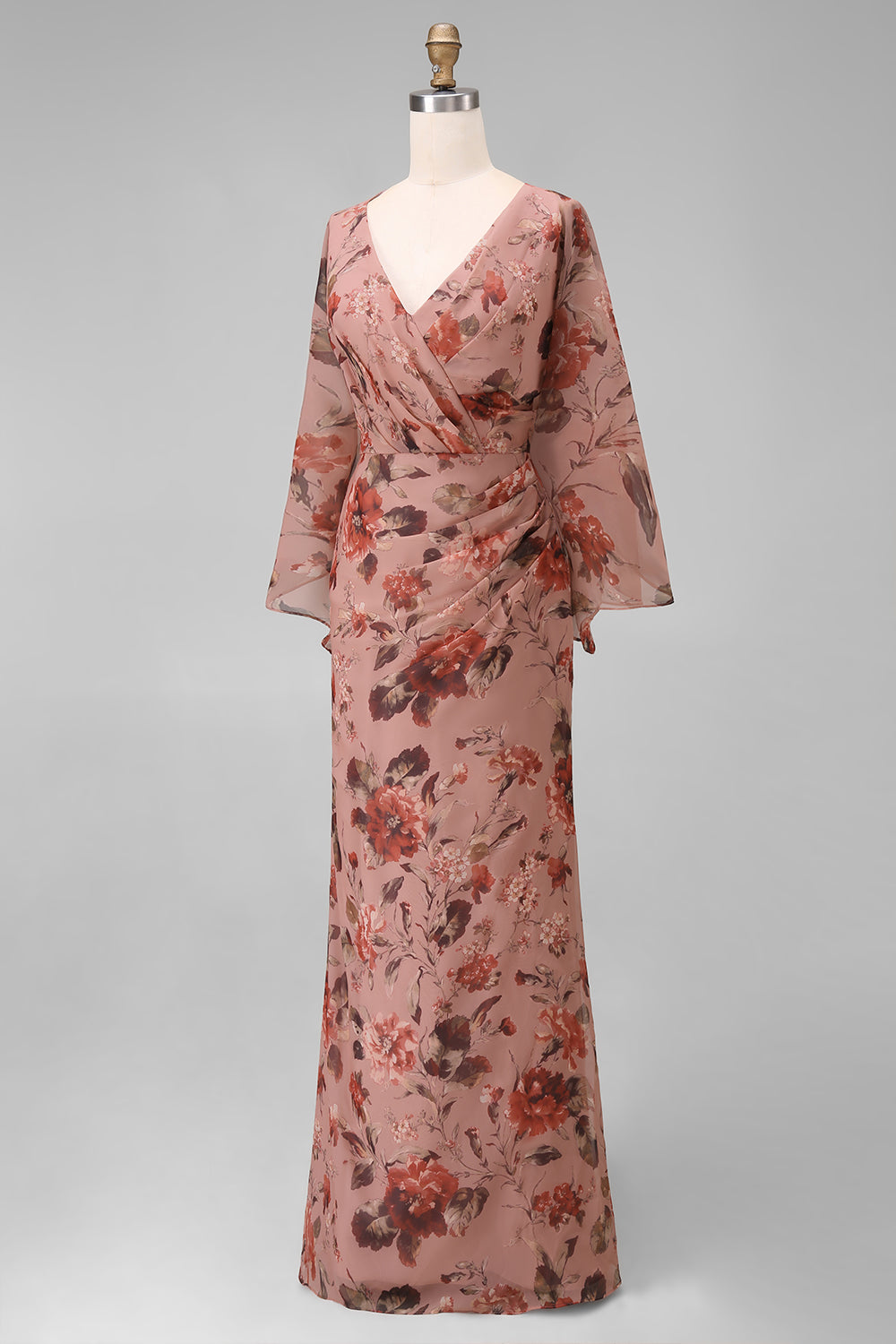 Robe fourreau longue col V fleuri rose poudré avec manches évasées pour mère de la mariée