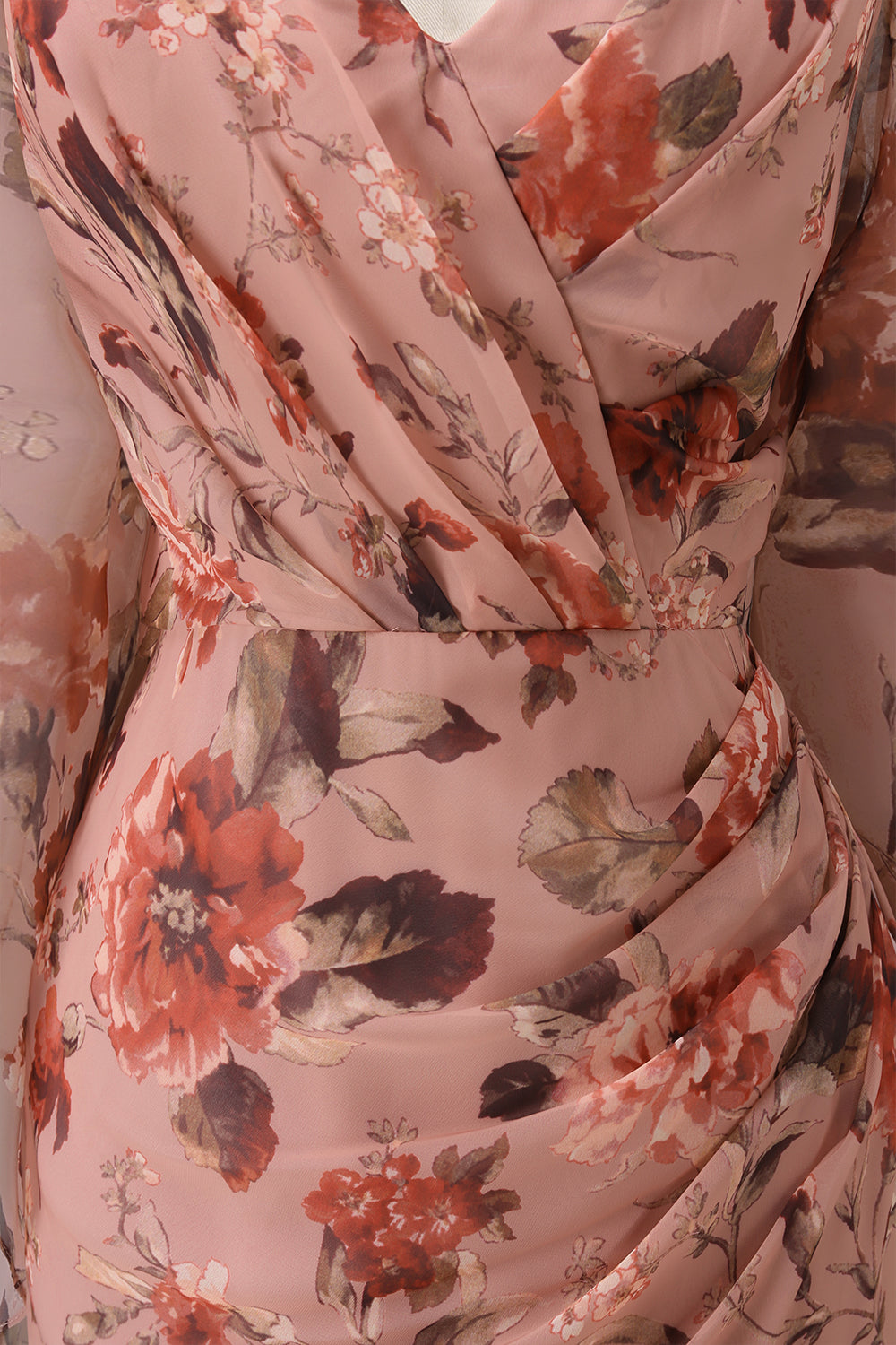Robe fourreau longue col V fleuri rose poudré avec manches évasées pour mère de la mariée