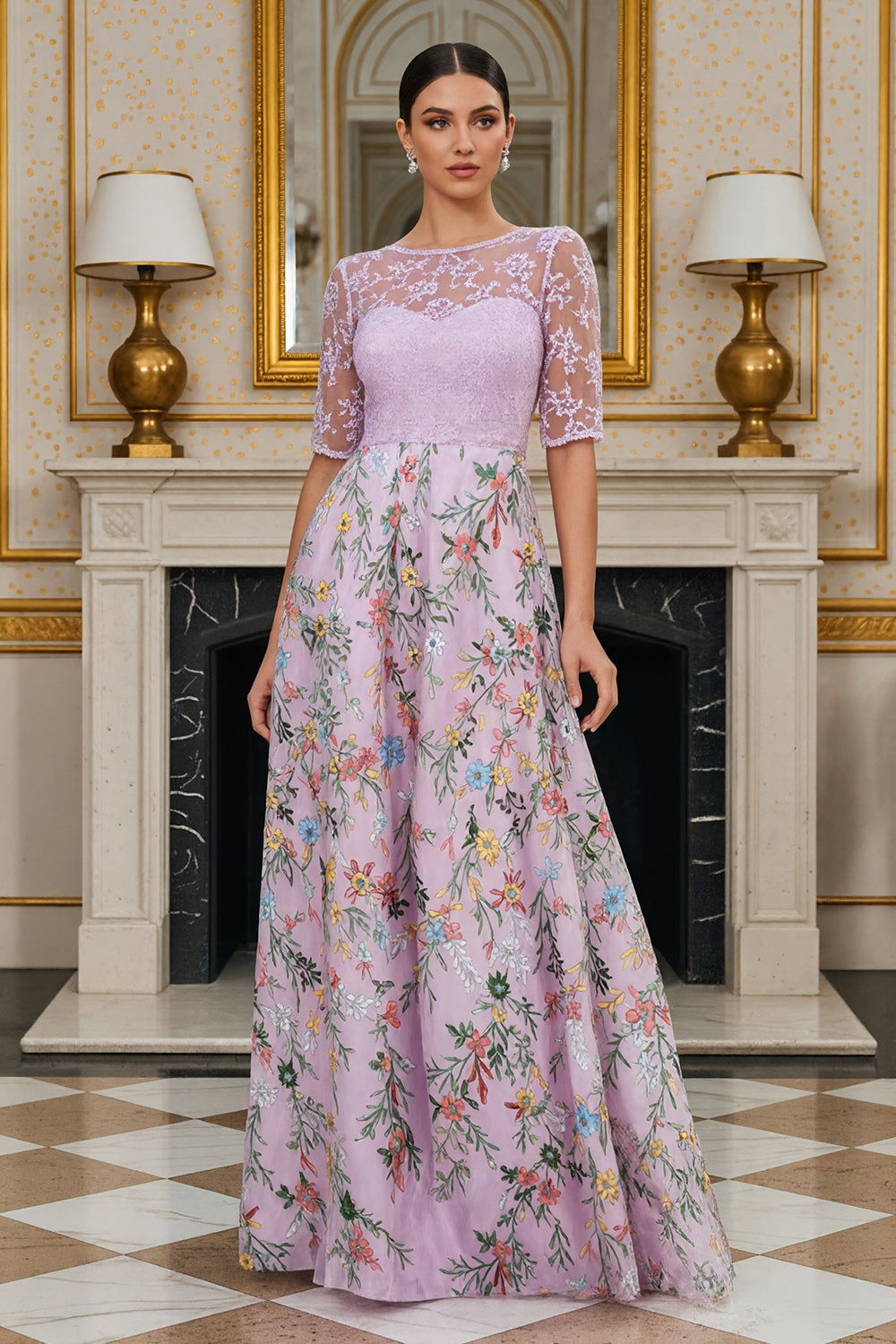 Robe longue fleurie mi-manches évasée lilas avec broderies pour la mère de la mariée